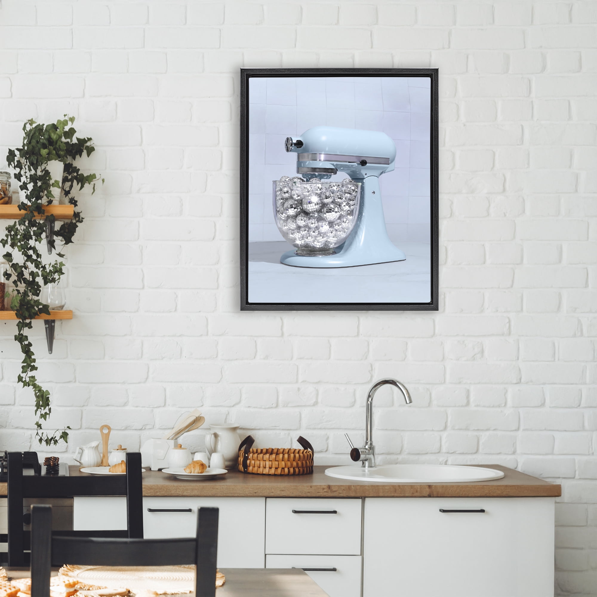 Stupell Industries Disco Kitchen Mixer over Blue Black Framed Floater Canvas Wall Art, design by LISH Creative
