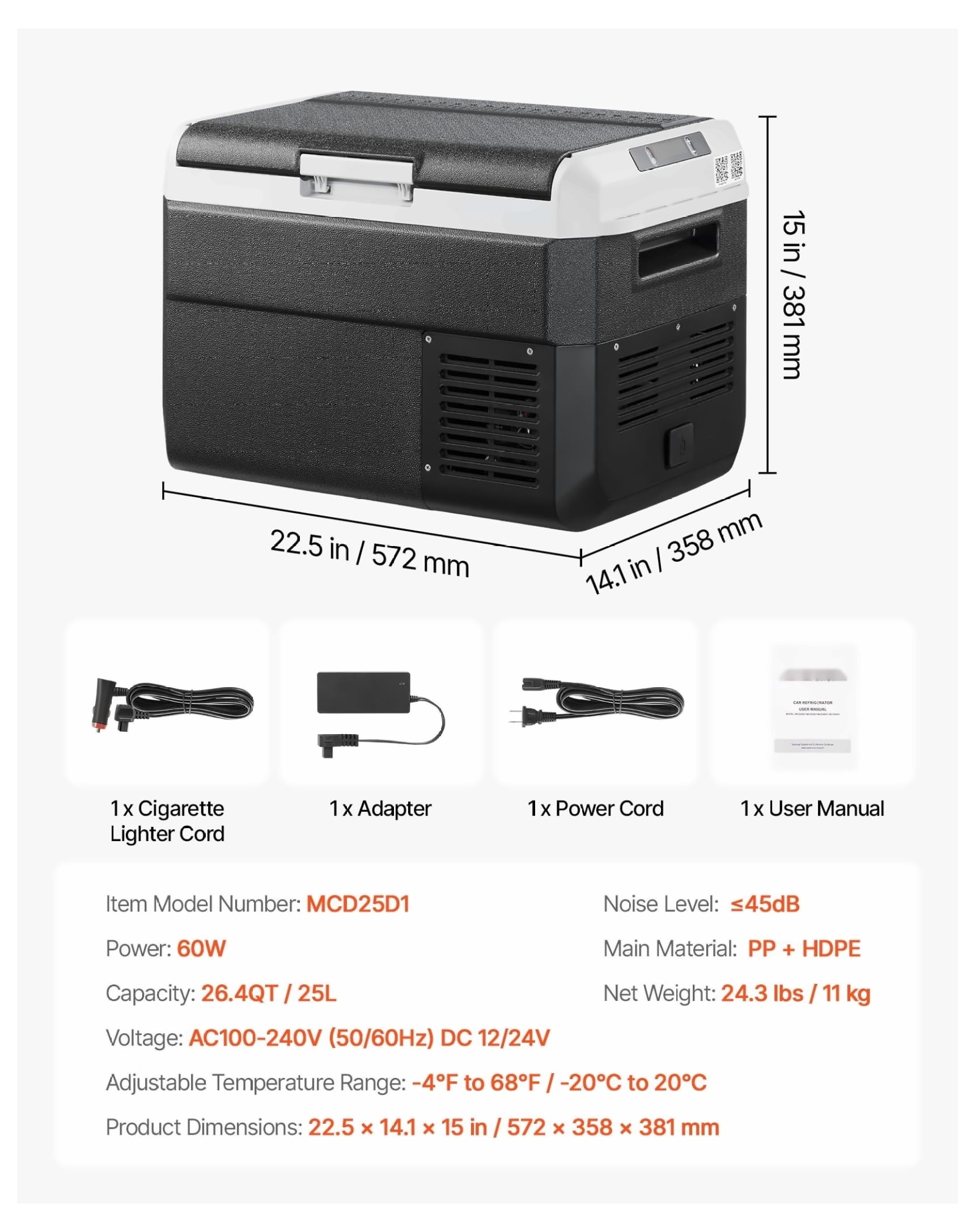 12V Car Refrigerator, 26.4QT Portable Fridge Freezer -4°F to 68°F Adjustable Temp, DC 12/24V & AC 100-240V, for Camping, RV, Travel, Outdoor Cooling