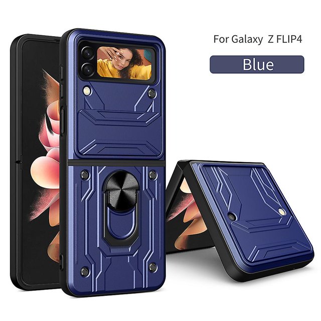 Magnetic Armored Phone Case Compatible With Samsung Galaxy Z Flip 4 With Sliding Camera Cover & Ring Stand