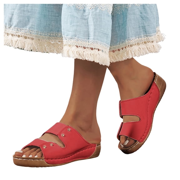 Orthopedic Sandals for Women Fashion Studded Splice Band Platform Slides Thick Cushion Slip on Low Wedge Slippers Red Size 9.5