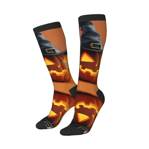 Knee High Socks for Women Men Athletic - Halloween Witch Hat Pumpkin Cute Thigh-High Black Sole Comfort Breathable Long Socks for Casual Travel Running