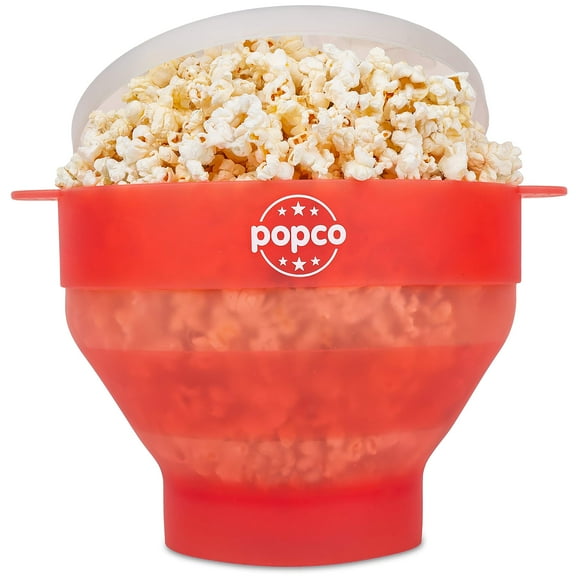 The Original Popco Silicone Popcorn Maker - Microwave Popcorn Popper - Collapsible Bowl, Heat-Resistant, Easy to Clean, Ideal for Family Movie Nights, 15-Cup Capacity - Transparent Red