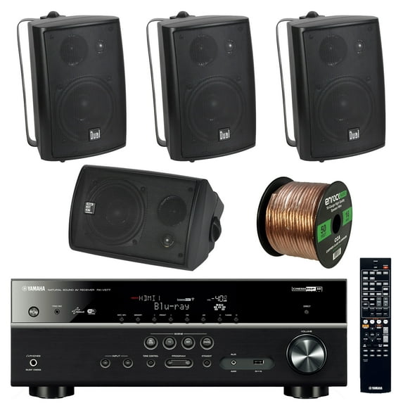 Yamaha RX-V577 - 7.2-Channel Home Theater Bluetooth USB Wifi & Apple AirPlay Receiver Bundle Combo With 4x Dual LU43PB Indoor/Outdoor 100W 3-Way 4" Black Box Speakers + Enrock 50 Feet 16g Speaker Wire