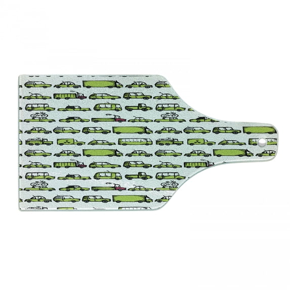 Cars Cutting Board, Number of Cars with Various Jobs Trucks Sedans Buses Traveling Journey Working, Decorative Tempered Glass Cutting and Serving Board, Wine Bottle Shape, Apple Green, by Ambesonne