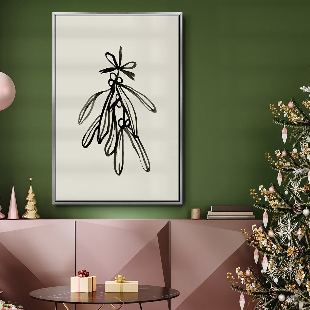 Mistletoe Sketch with Bows II - Framed Gallery Wrapped Holiday Canvas - 17 x 25 - Silver Frame