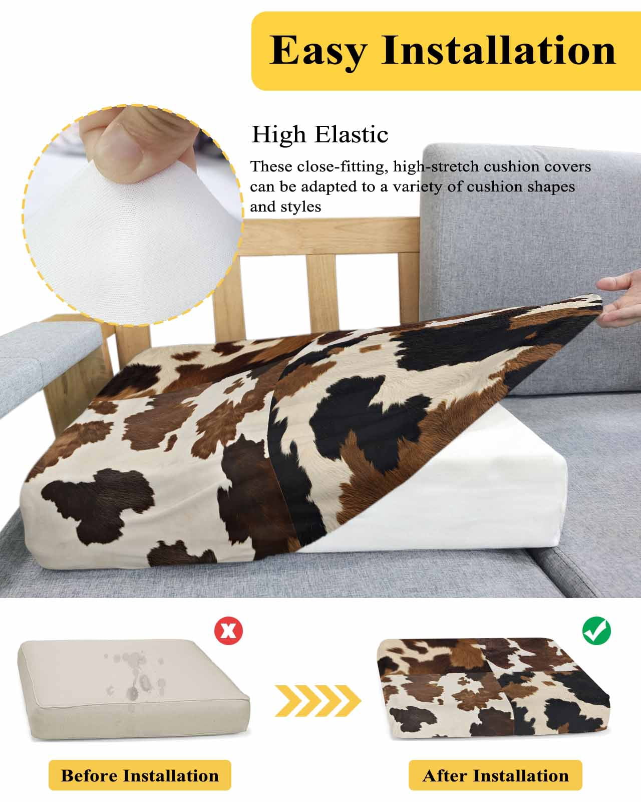 Cow Patterned Couch Cushion Covers,Stretch Seat Cushion Covers for Sectional Sofa,Vintage Farmhouse Abstract Country Western L-shaped Sofa&nbsp;Slipcovers Furniture Protector W/ Elastic Straps 1Pcs,L
