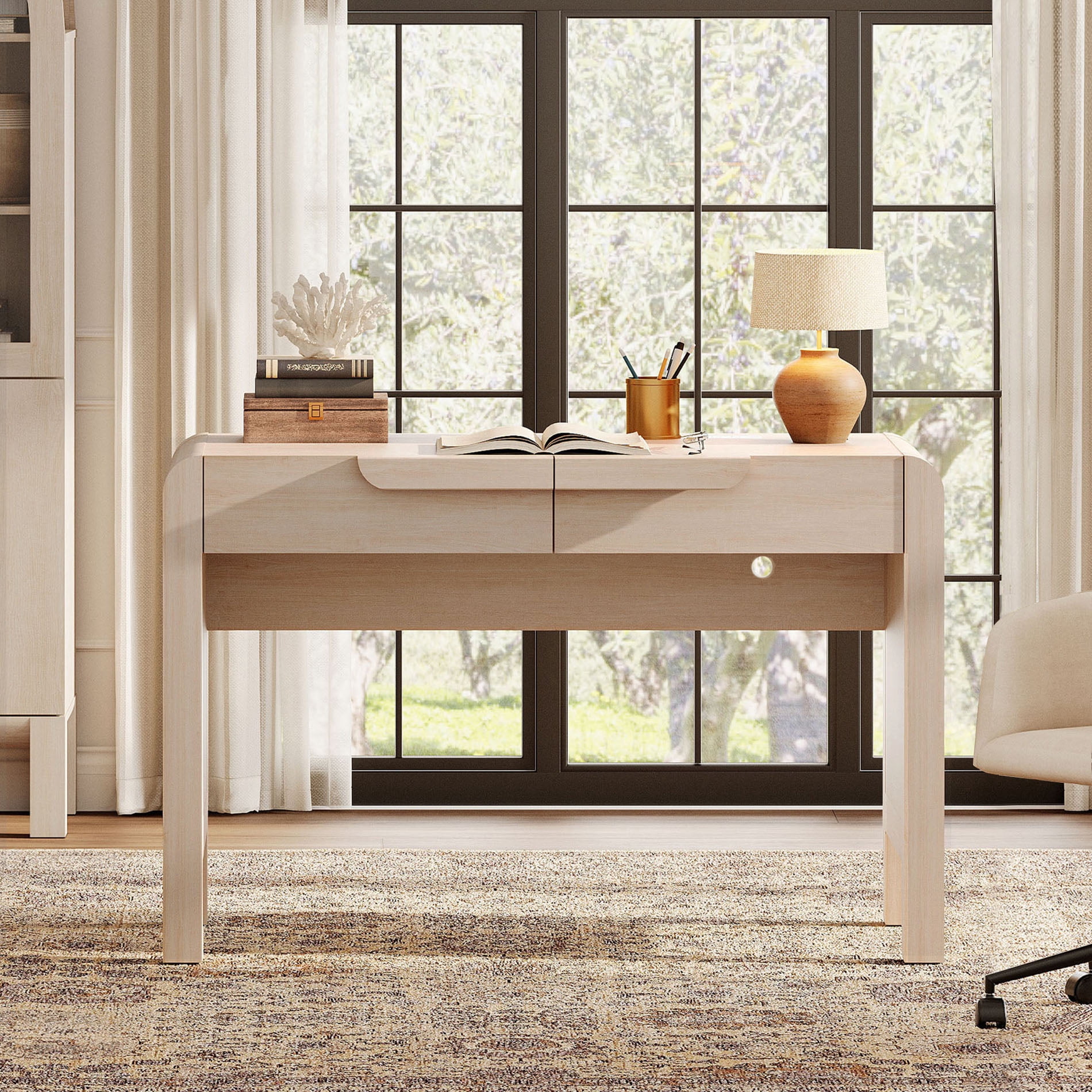 47.2”W Mid-century Modern Curved Waterfall Writing Desk With 2 Drawers，Wood Computer Desk With Charging Station, Standing Desk For Home Office