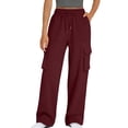 thumbnail image 3 of BiZtdJrK Loose Fit Cargo Sweatpants for Women Casual Drawstring High Waisted Wide Leg Lounge Pants Solid Color Work Trousers with Multi Pockets Wine M, 3 of 9