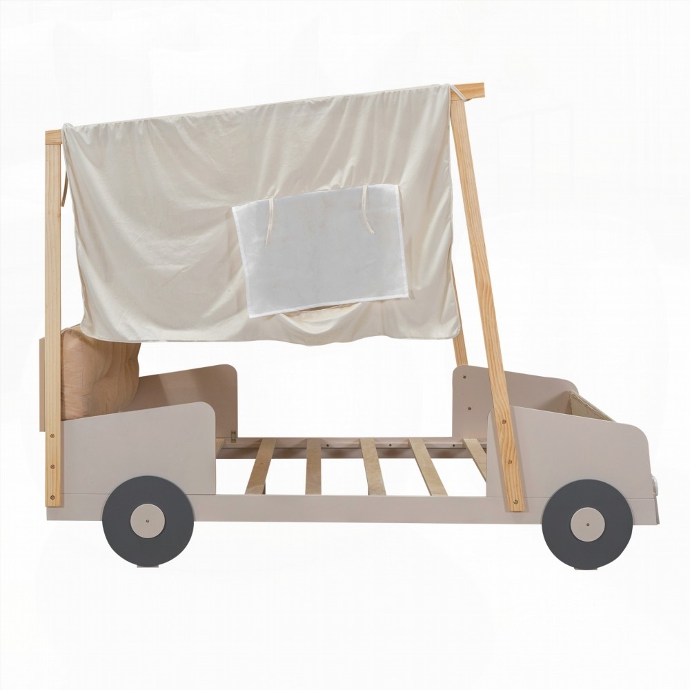 Natural Wood Full Size Car Bed featuring Playful Design & Comfortable Pillow