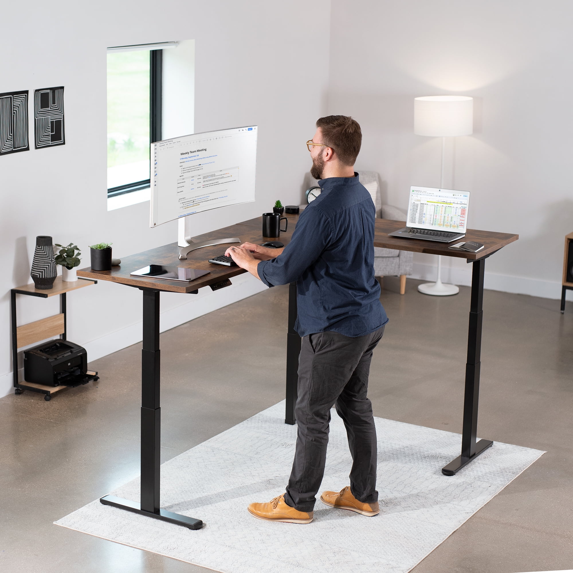 VIVO Black Electric Motor Height Adjustable Corner 3 Leg Standing Desk Frame