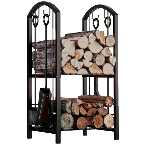Fire Beauty Fireplace Firewood Log Rack 5-Piece Storage Logs Holder with Tools Set with 4 Tools Set Fireside Holders Wood Lumber Storage Stacking Black