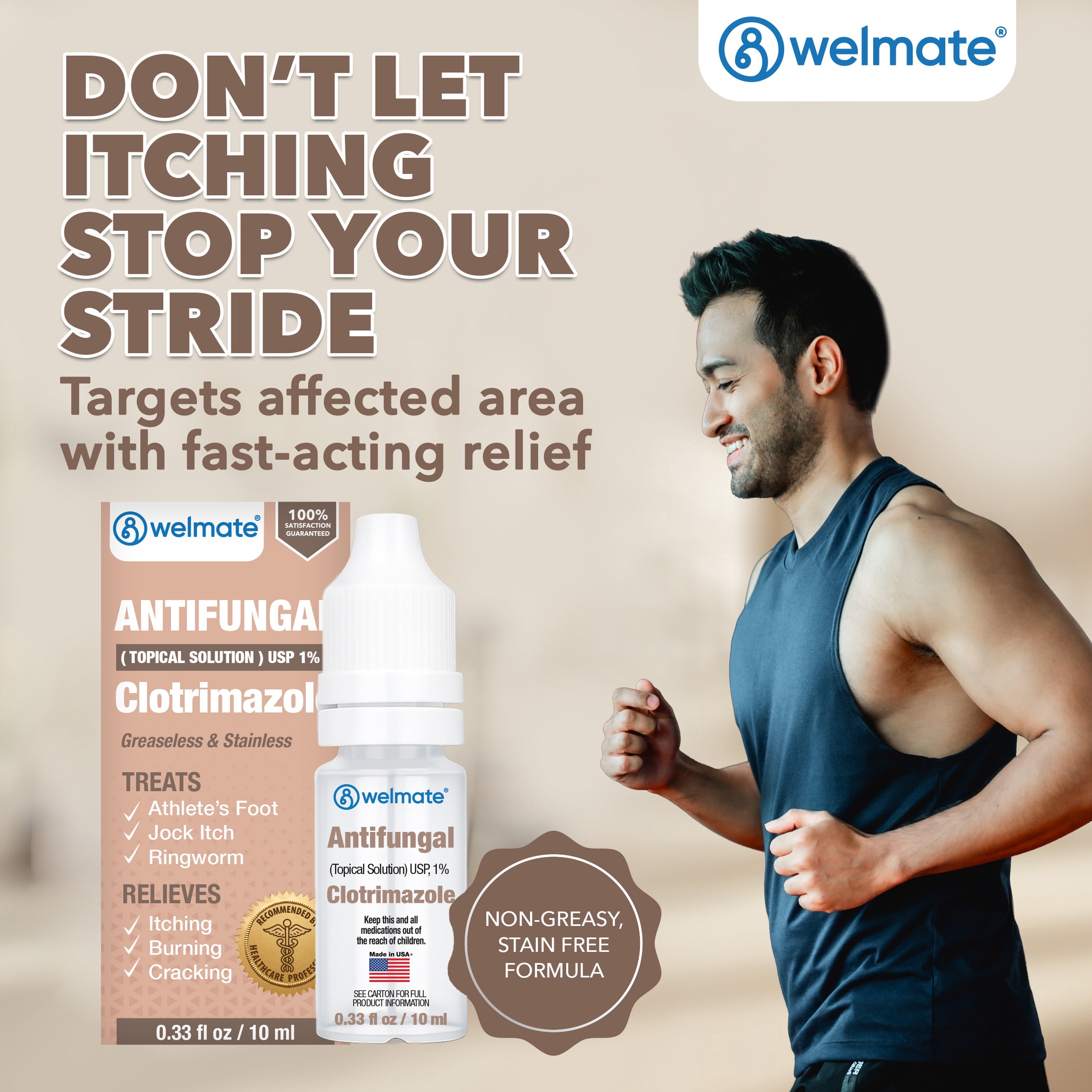 WELMATE Clotrimazole 1% Antifungal Solution for Athlete's Foot, Cracked & Dry Skin Relief, 0.33 FL oz