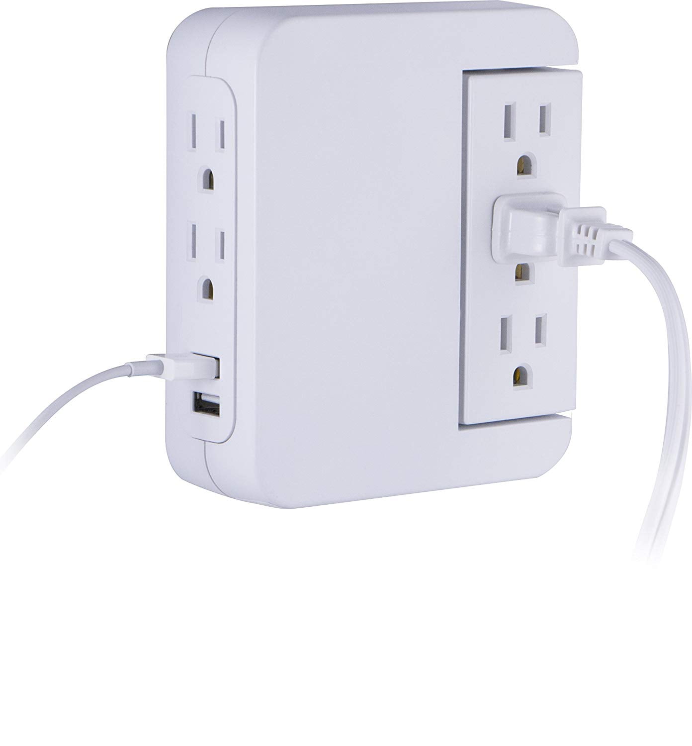 GE 5-Outlet 2 USB Port Surge Protector Swivel Wall Tap, White - 39429