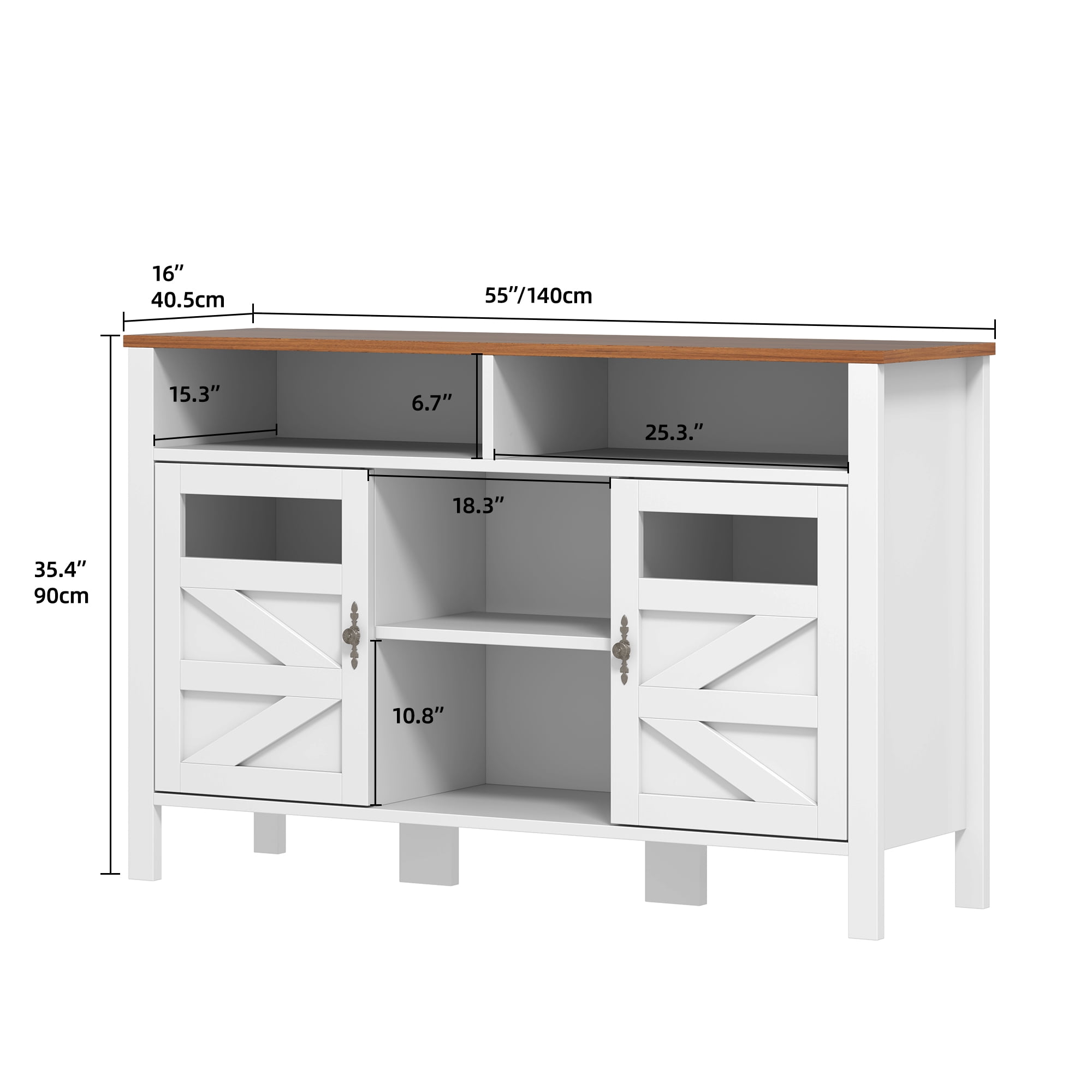 Uforic Farmhouse Coffee Bar Cabinet with Storage & Built-In Power Strip - White & Walnut Buffet Sideboard, 5-Drawer Liquor Bar for Kitchen, Dining Room, Bedroom