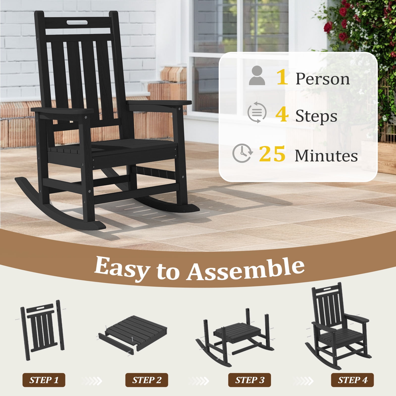 LOYALICE 2PC HDPE Outdoor Rocking Chair for Porch Patio, All-Weather High Back Rocker with Wood-Grain Texture, Heavy-Duty Deck Garden Seating, Fade-Resistant & Easy to Clean,Black