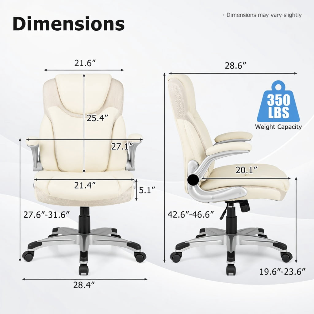 Demi Bonn Ergonomic Office PU Leather Executive Chair with Flip-up Armrests and Rocking Function, for Home, Bedroom, Study, White