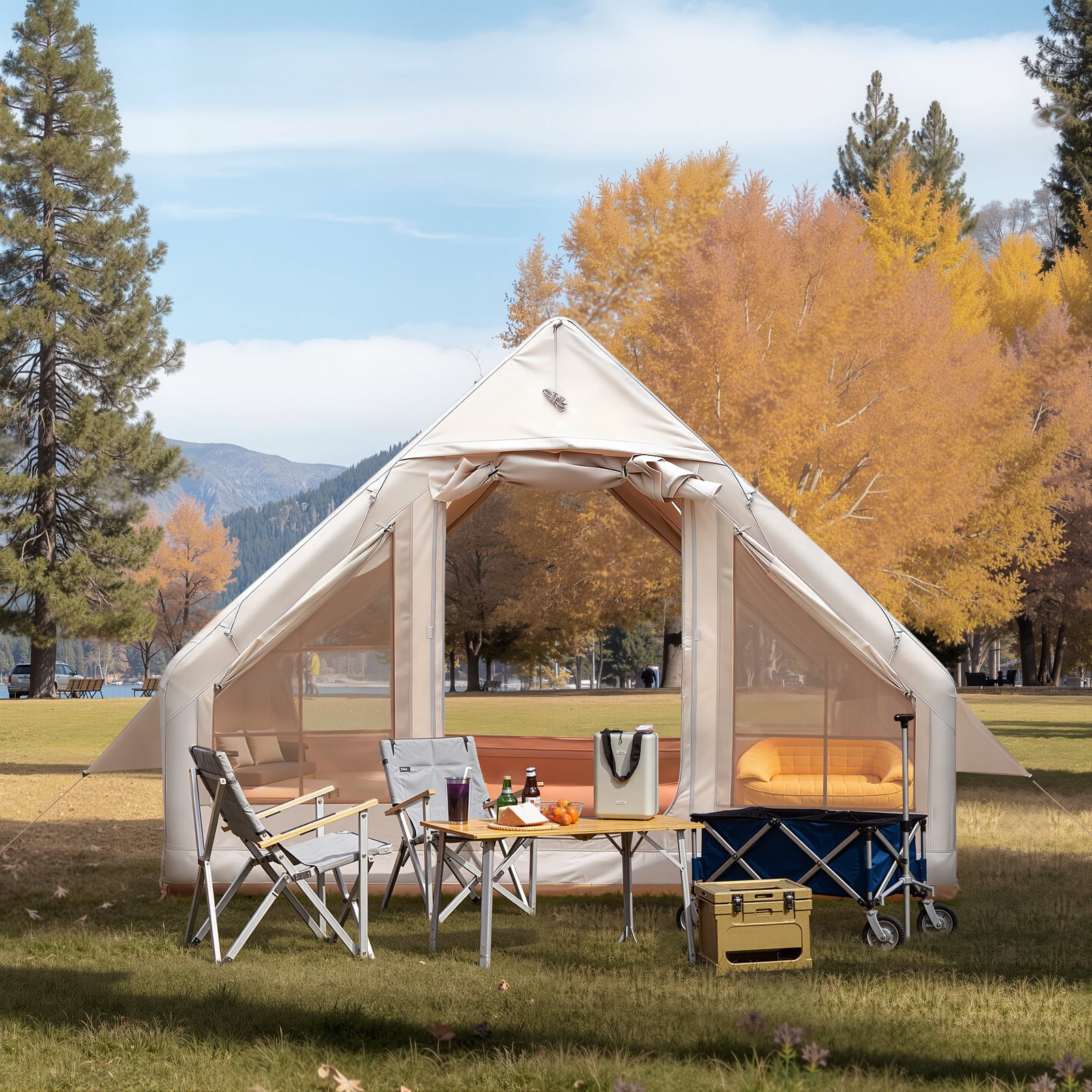 Hemoton 6-8 Person Inflatable Camping Tent with Pump, Waterproof Family Tent for Outdoor Camping, Hiking & Travel, Khaki