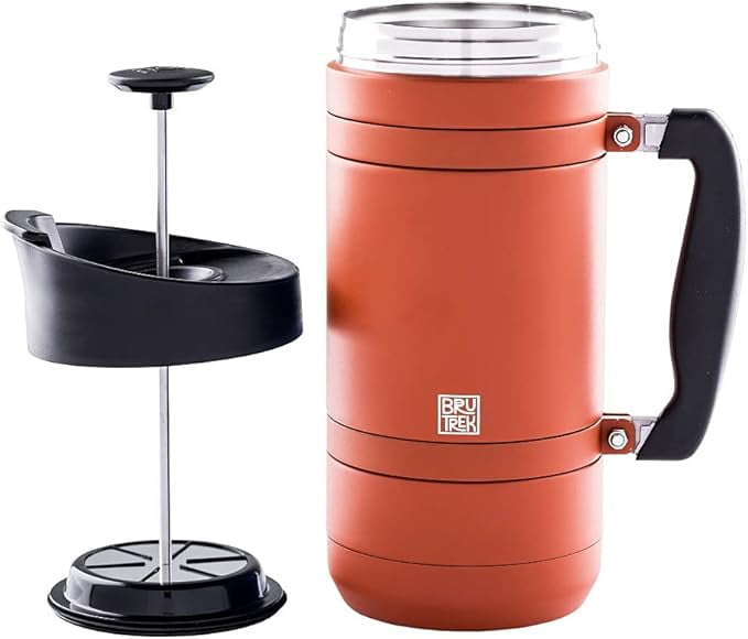 BruTrek® by Planetary Design BaseCamp Coffee Press - Double Wall Insulated Stainless Steel - Bru-Stop Technology, No Grounds in Coffee, No Spill Lid (Obsidian, 32 fl.oz