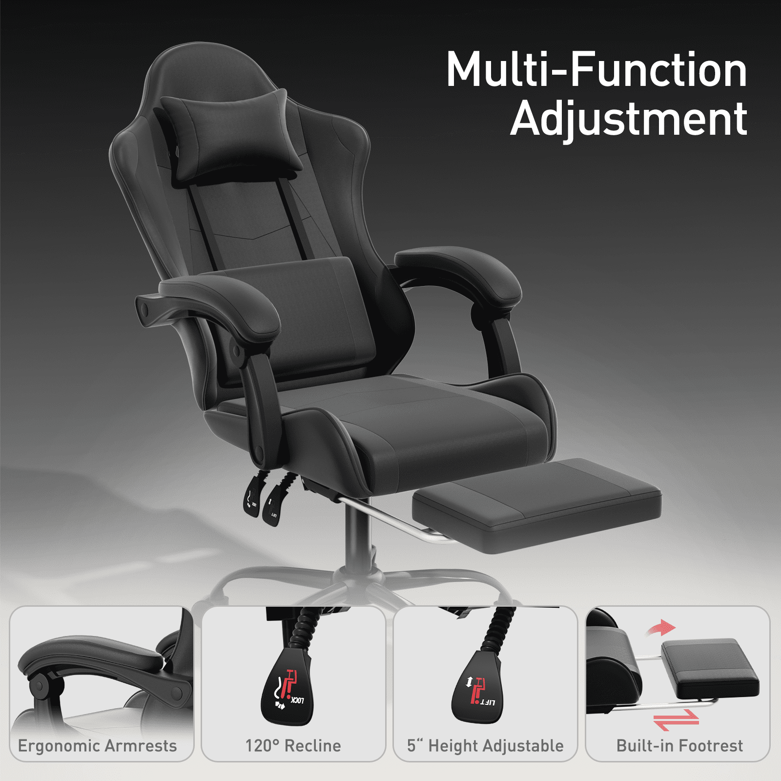 MoNiBloom Ergonomic Gaming Chair with Footrest, Adjustable Headrest and Lumbar Support for Office and Gaming, High-Back Racing Style Computer Desk Chair, Black (Wide Seat)