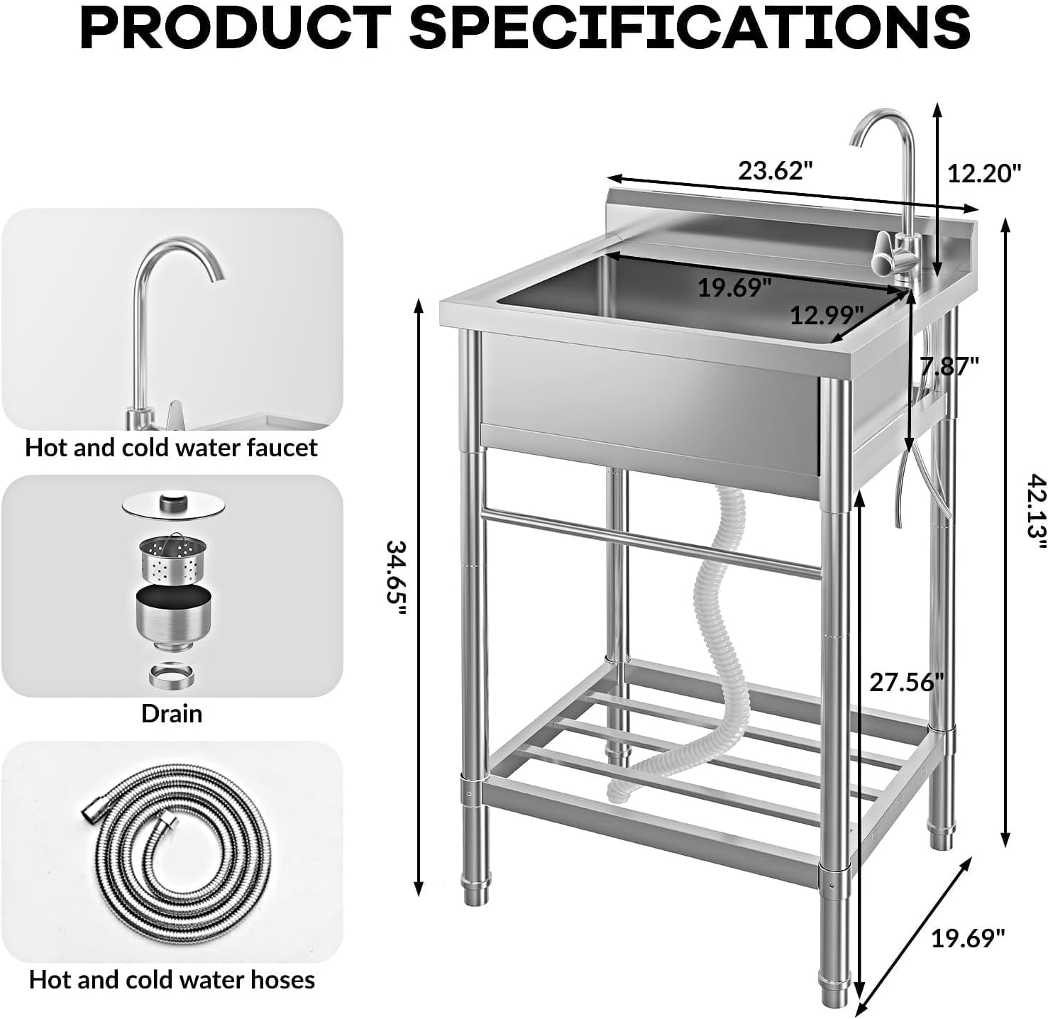 Stainless Steel Utility Sink, 24x20 in Freestanding Laundry Sink with Cold and Hot Water Pipe, 360 Rotating Faucet & Storage Shelf, Rust Resist & Easy to Clean for Kitchen