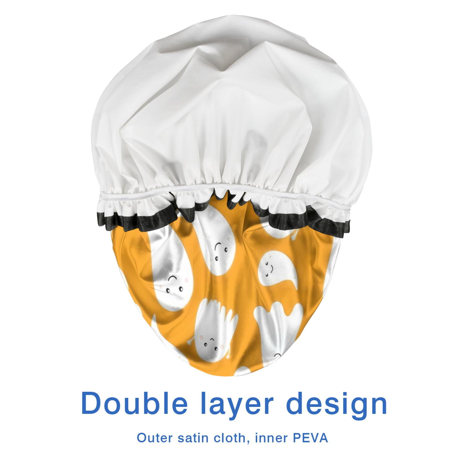 Shower Caps,Orange Halloween Ghosts Waterproof Shower Cap for Women 4 Pieces,Double Reusable Hair Cover for Shower PEVA Elastic Stretch Hem