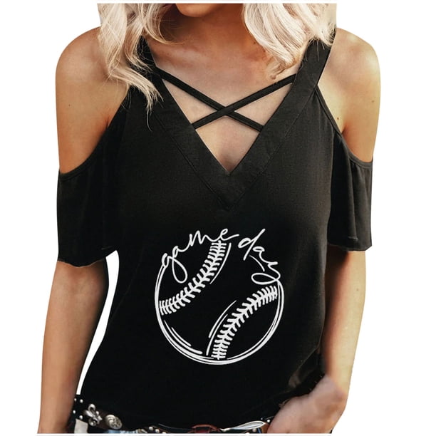 Camiseta con hombros descubiertos y hombros descubiertos con estampado de manga corta y cuello abierto para mujer Pompotops lopia996775