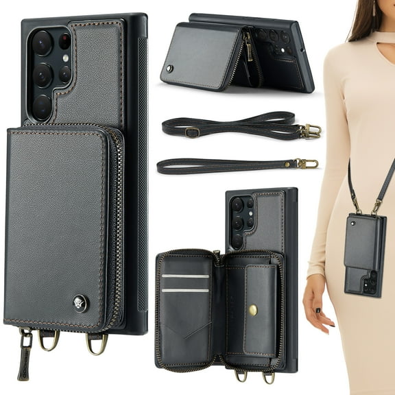 Compatible With Samsung Galaxy S21 Ultra Case Zipper Card Pocket Kicktstand Crossbody Strap PU Leather Shock-absorbent Anti-Fingerprint Lightweight Luxury Cover for Men or Women,Black