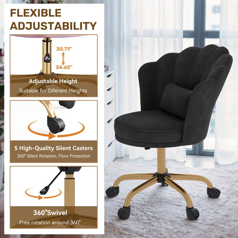 Hawsaiy Shell Back Home Office Chair with Lumbar Pillow, Modern Upholstered Desk Chair with Gold Metal Base, Swivel Adjustable Computer Chair for Home Office, Black