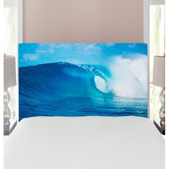 Ocean Headboard, Nature Cloudy Summer Sky Wavy Ocean Adventure Surfing Vacation Tourist Picture Print, Upholstered Decorative Metal Bed Headboard with Memory Foam, Twin Size, Navy White, by Ambesonne
