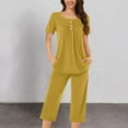 thumbnail image 2 of Feancey Women Pajamas Sets Short Sleeve Casual 2 Piece Pjs Set Front Pleated Button Blouse and Capri Pants Sleepwear Two Piece Loungewear Outfits Daily Sales Yellow S, 2 of 6