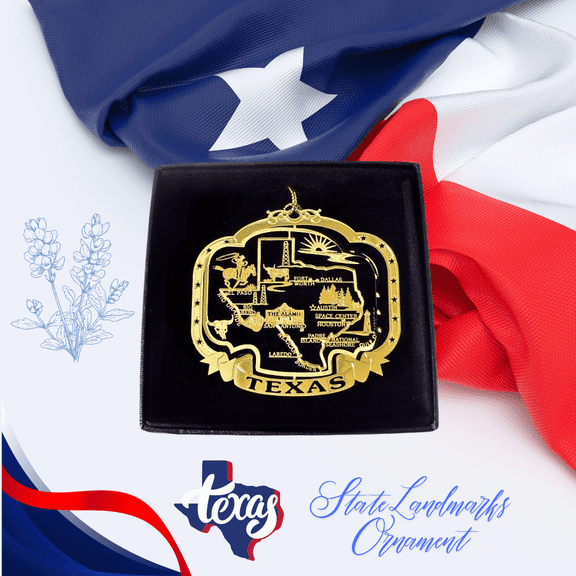 Texas State Brass Christmas Ornament Black Leatherette Gift Box