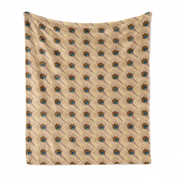 Feather Soft Flannel Fleece Throw Blanket, Native Style Artwork of Diagonally Arranged Peacock Fluff Plumage, Cozy Plush for Indoor and Outdoor Use, 50" x 70", Pale Peach Multicolor, by Ambesonne