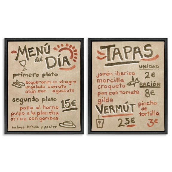 Stupell Industries Travel Tapas Menu Food & Beverage Painting Black Floater Framed Canvas Art Print Wall Art, 17 x 21, Set of 2