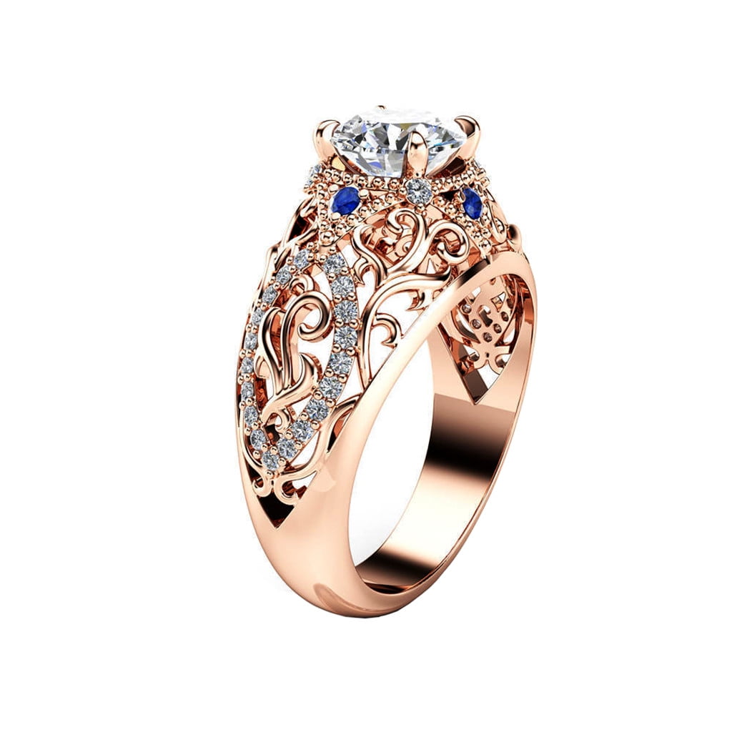 Openwork Princess Blue Sapphire Ring Women 14K White Gold Engagement Jewelry Hot
