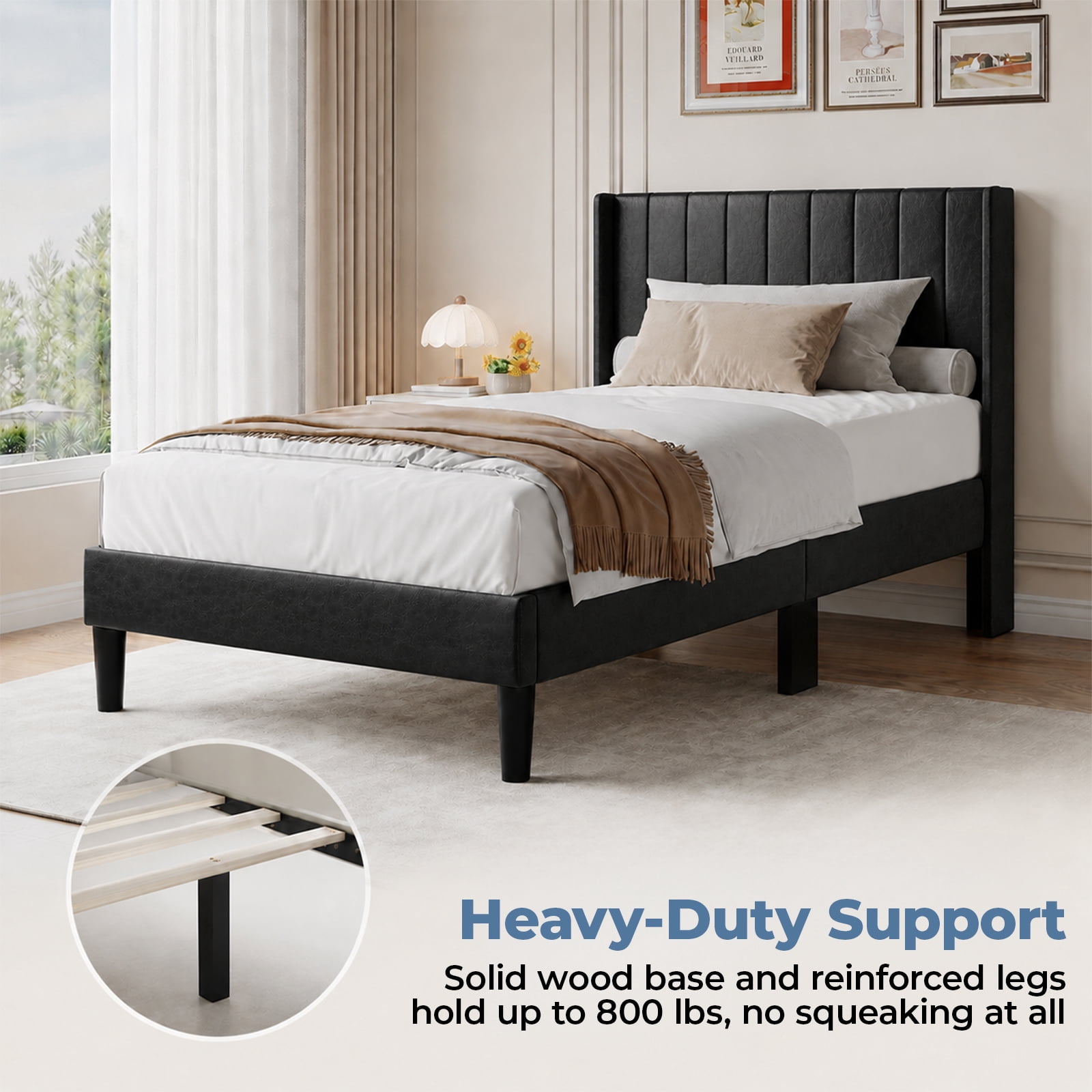 Alvantor Upholstered Bed Frame, Fabric-covered Wing-shaped Headboard and Wooden Crossbars, Bed Frame with Storage Space, Easy Assembly, Noise Free, No Box Spring Needed