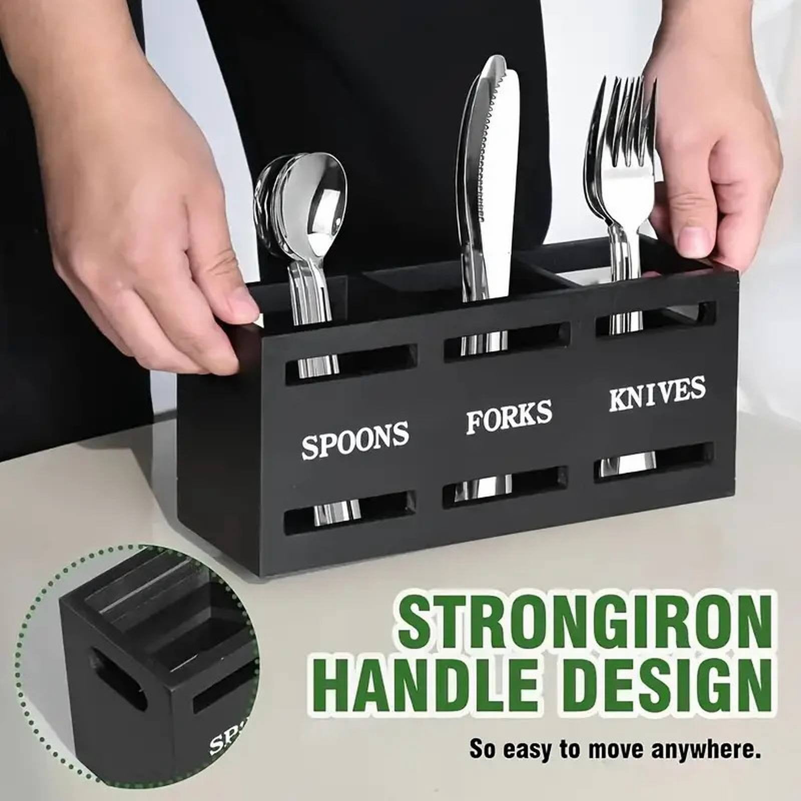 Dusknt Black Wooden Cutlery Holder, 3 Compartment Silverware Organizer for Countertop, Utensil Storage Container for Fork Spoon Knife, Great for Summer Kitchen