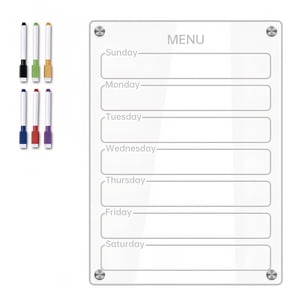 Planificateur hebdomadaire de carte d'effacement magnétique acrylique clair 8.27x11.7in Tableau d'écriture Réfrigérateur Réutilisable Planner avec 6 Marqueurs magnétiques de couleur & 4pcs Organisateur de message quotidien Magnet