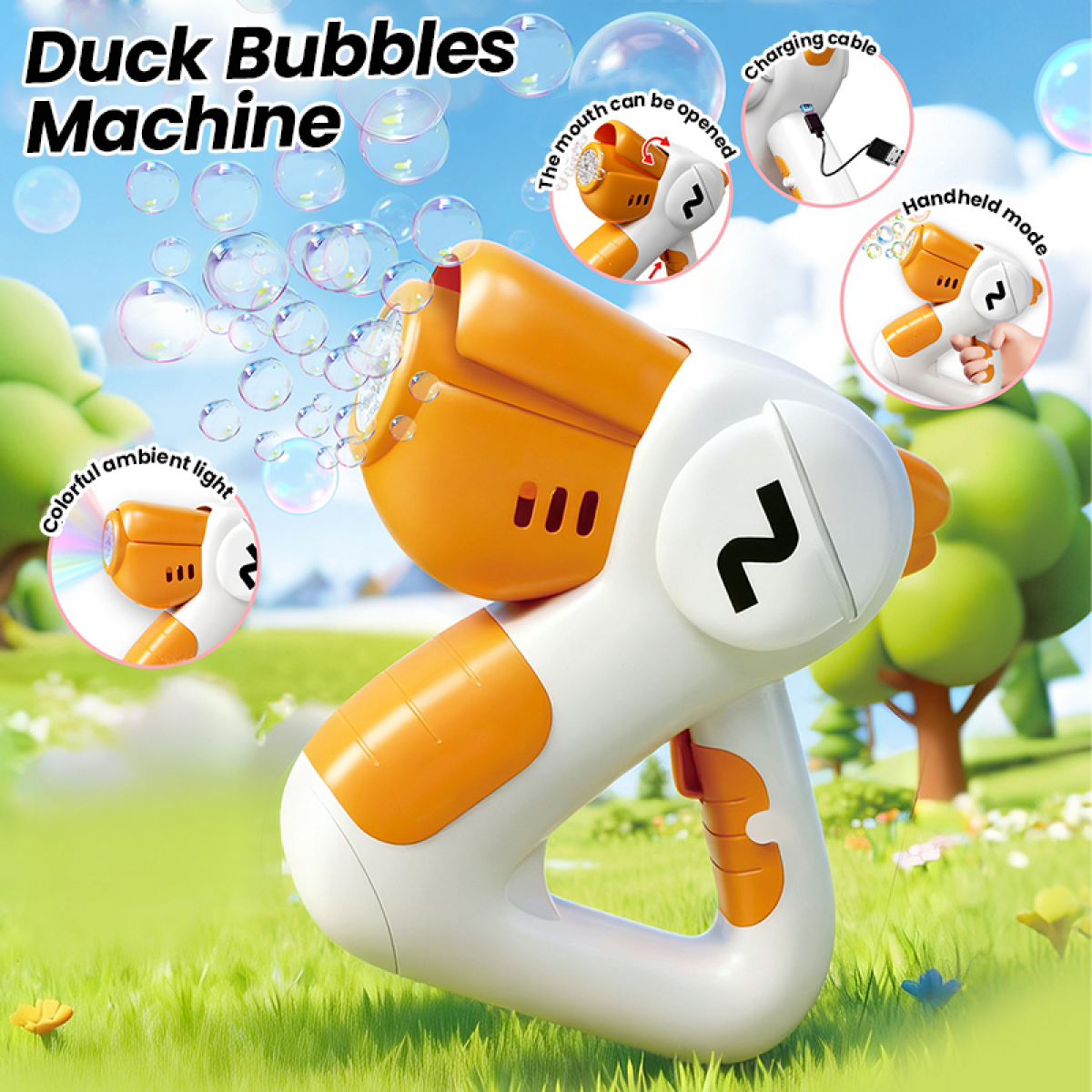 Duck Bubbles Machine for Kids 6 Holes Electronic Bubble Blower with Lights for Boys Girls Outdoor Camping Backyard Pool Parties Gifts