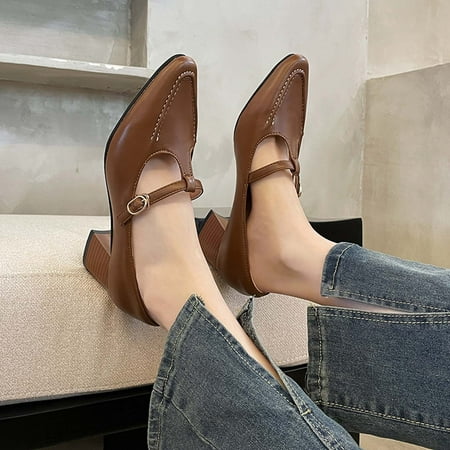 

Lhked Women s Summer Casual Pointed-toe Sandals Chunky Metal Buckle Sandals Medium Heels Dress Shoes