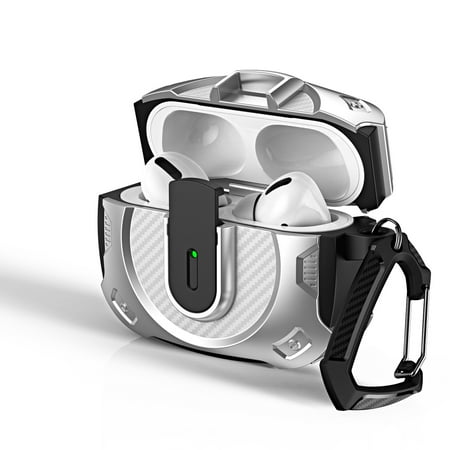 for AirPods Pro 1st Gen 2019 Case Cover with Key Chain Rugged Secure Locking Buckle Case Shockproof Portable Heavy Duty Protective Skin for AirPods Pro 1st Gen 2019 Silver