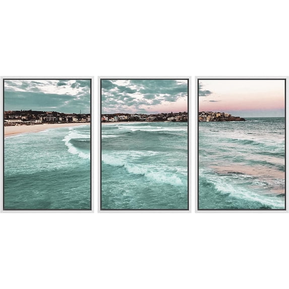 PixonSign Framed Canvas Print Wall Art Set Sunset Over Coastal Ocean Beach Shore Urban Architecture Photography Realism Scenic Landscape Decorative Colorful Multicolor for Bedroom - 24"x36"x3 White