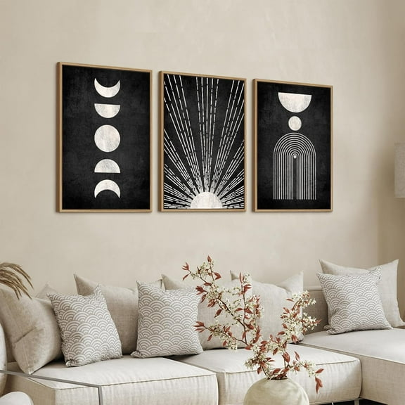 Framed Boho Canvas Wall Art - Mid Century Modern Geometric Pictures Prints Black and White Minimalist Artwork Bohemian Wall Art for Bedroom Living Room Bathroom Office Decor 16" x 24" x 3 Piece Set