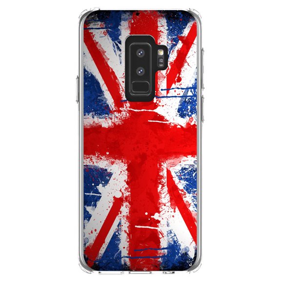 DistinctInk Clear Shockproof Hybrid Case for Samsung Galaxy S9  PLUS (6.2" Screen) - TPU Bumper, Acrylic Back, Tempered Glass Screen Protector - Red White Blue British Flag Graffiti - the UK