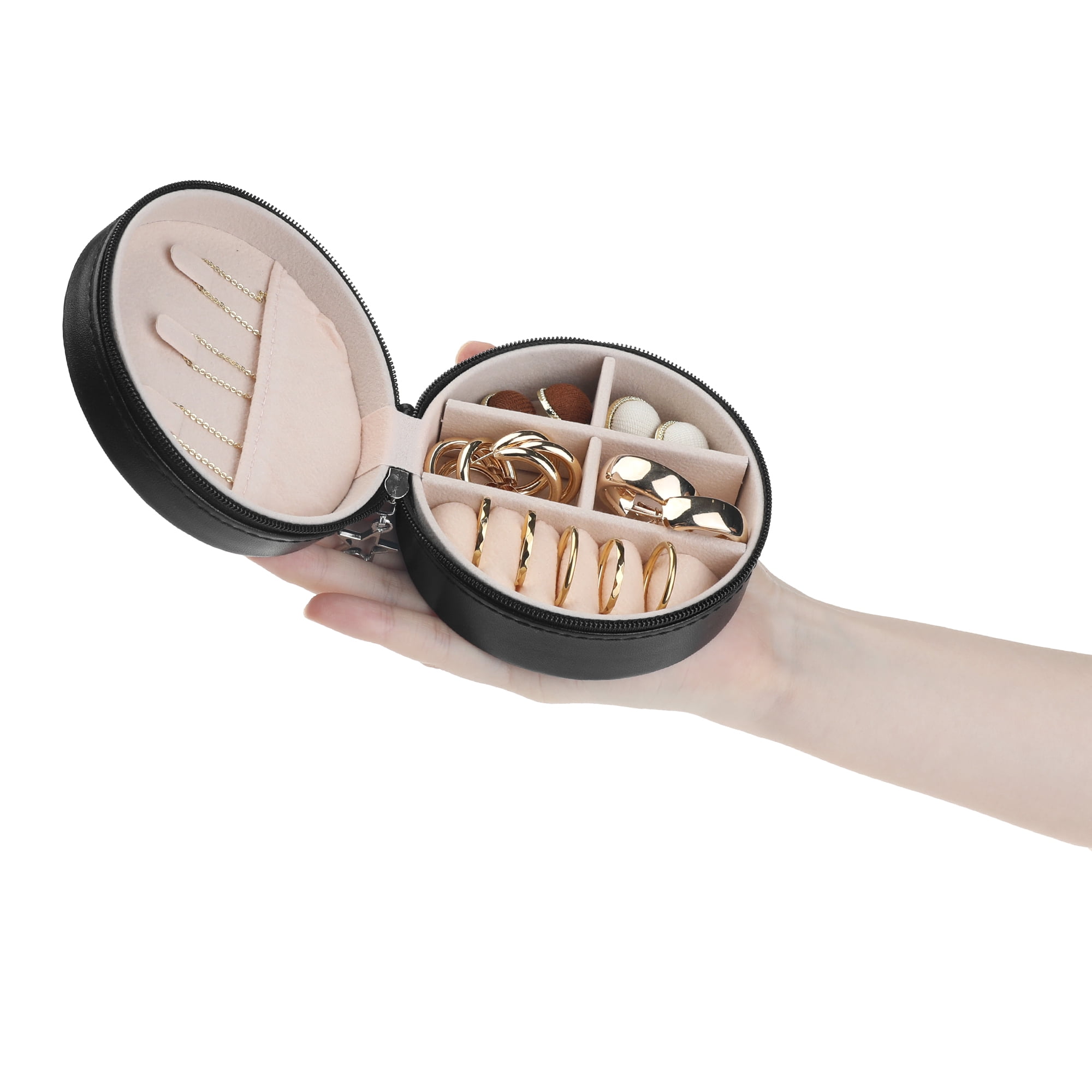 Unique Bargains Travel Jewelry Box Small Round Portable PU Leather Jewelry Organizer Case Black