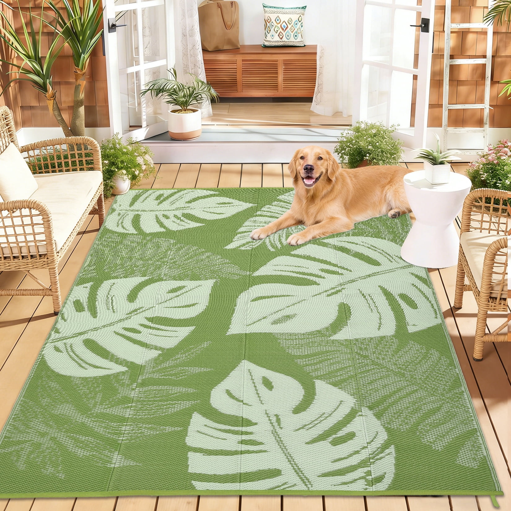 COZONY 9x18 Outdoor Rug, Reversible Waterproof Plastic Straw Patio Rug with Palm Leaf Pattern, Indoor Outdoor RV Mat for Patio Deck Balcony Camping