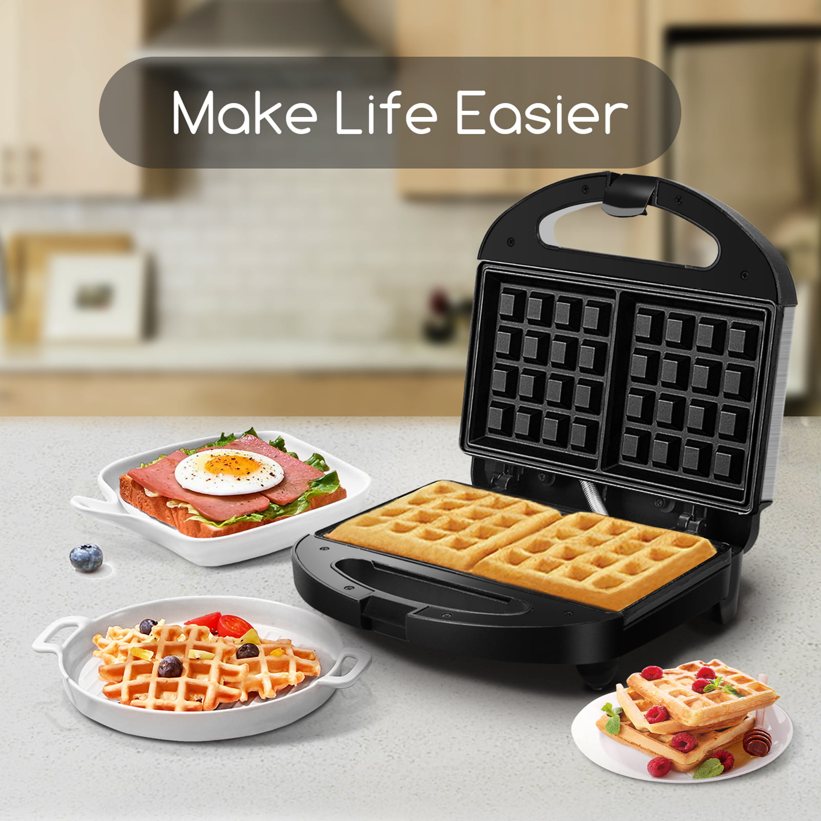 Aigostar Waffle Maker， Non Stick Waffle Irons， Compact 2 Slice Waffle  Makers for Breakfast， Snacks， PFOA Free， ETL Certificated