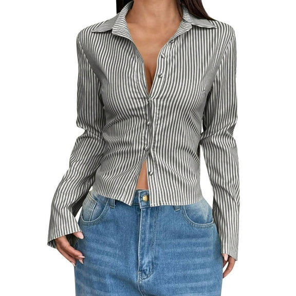 Womens Striped Printed T-Shirts, Long Sleeve Shirts for Women Fall Casual Slimming Fit Cropped Lapel Button Down Dressy Blouses S-2XL