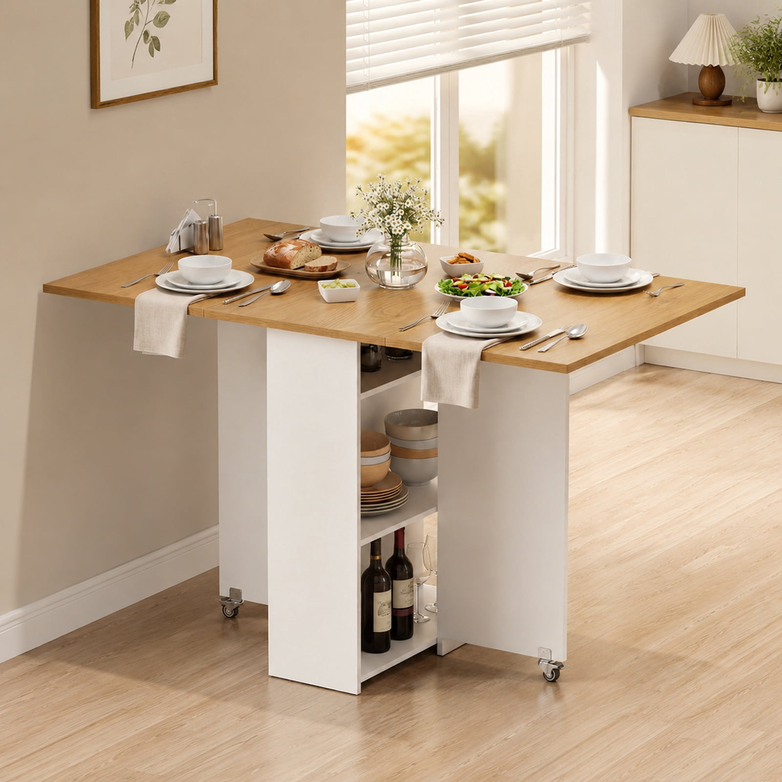 Furnibear 47.5 Inch Farmhouse Extendable Drop Leaf Dining Table with Drawer Shelves and Lockable Wheels for Small Kitchens, Natural