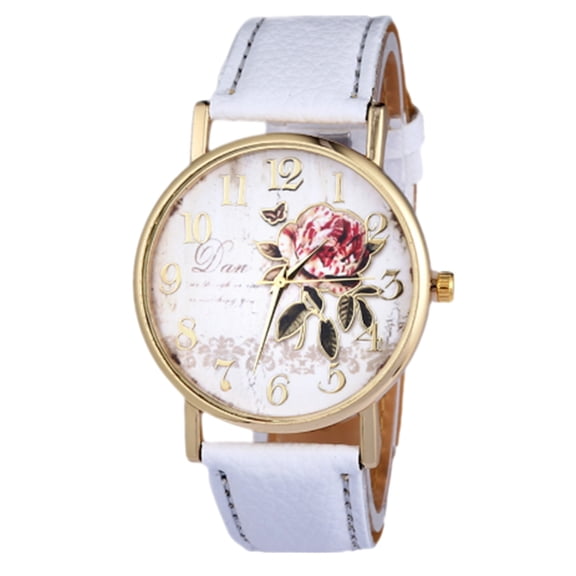 Joernso Stylish Women Rose Pattern Watch Classic Round Dial Faux Leather Strap Accurate Quartz Movement Wrist Watch Birthday Anniversary Gift