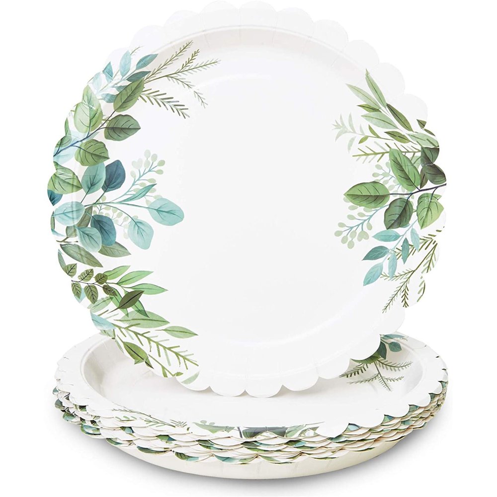 48Pack Greenery Party Supplies, Scalloped Disposable Paper Dinner Plates for Boho Theme Wedding